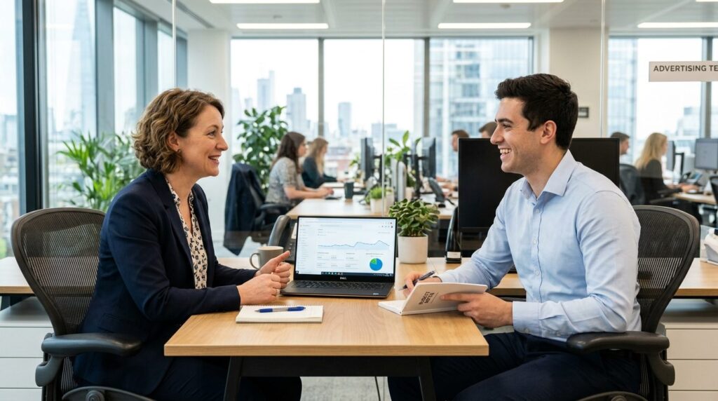 HR leader at desk having constructive conversation with empl