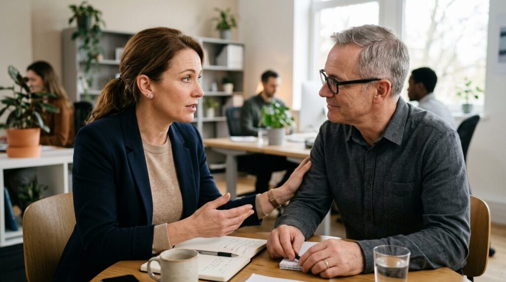 Close-up photorealistic image of two people having a serious