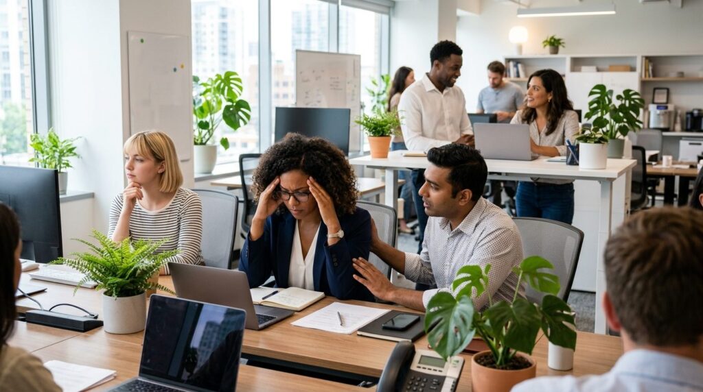 Photorealistic image of a diverse group of office workers in